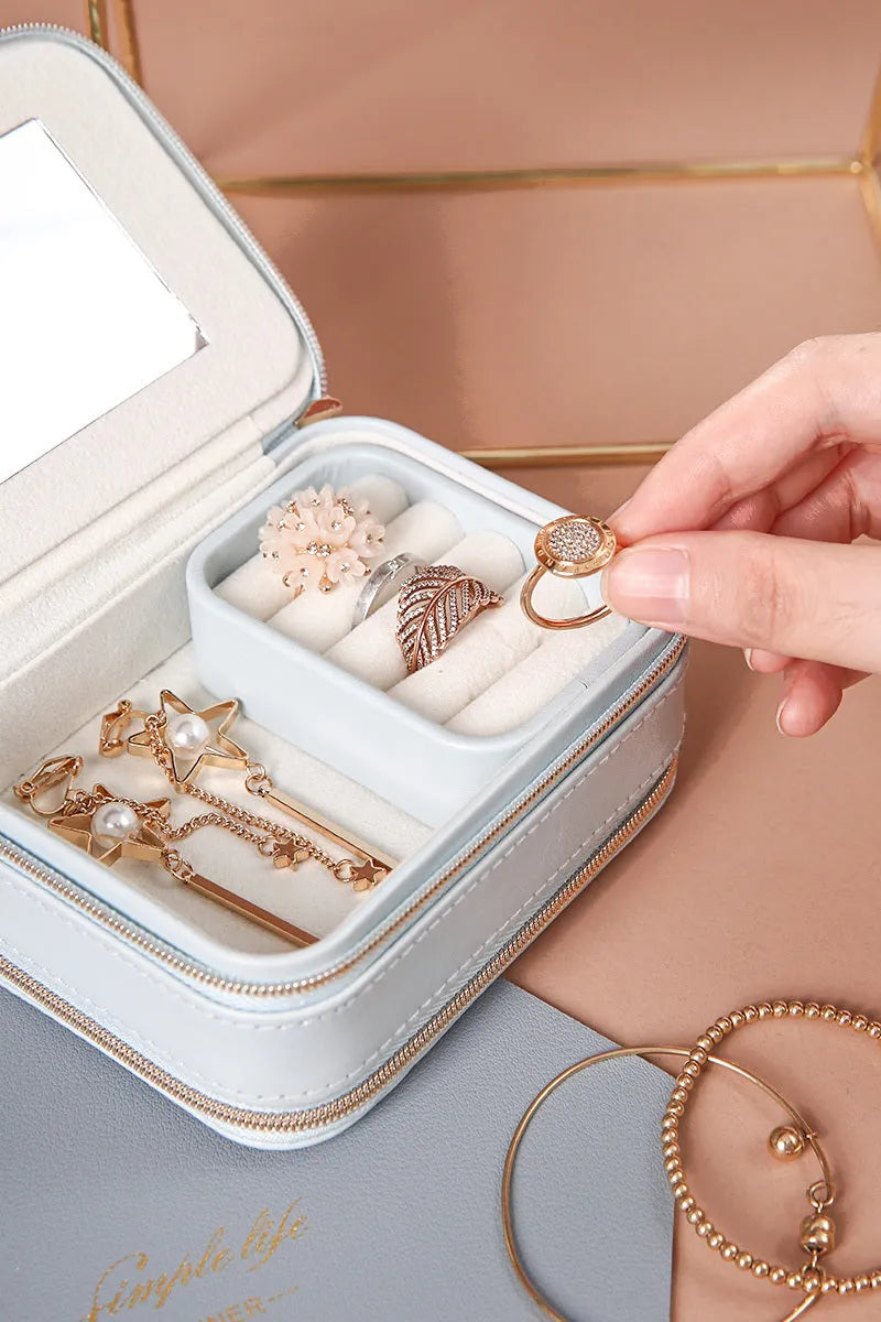 Portable travel jewelry box double-sided PU leather pearl velvet blue pink