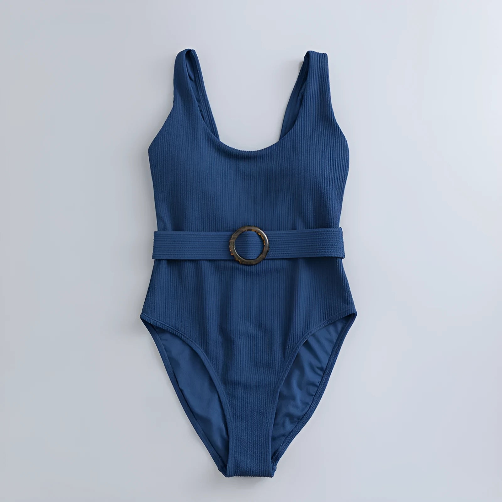Navy blue women's one-piece triangle swimsuit with chest pads and sleeveless design
