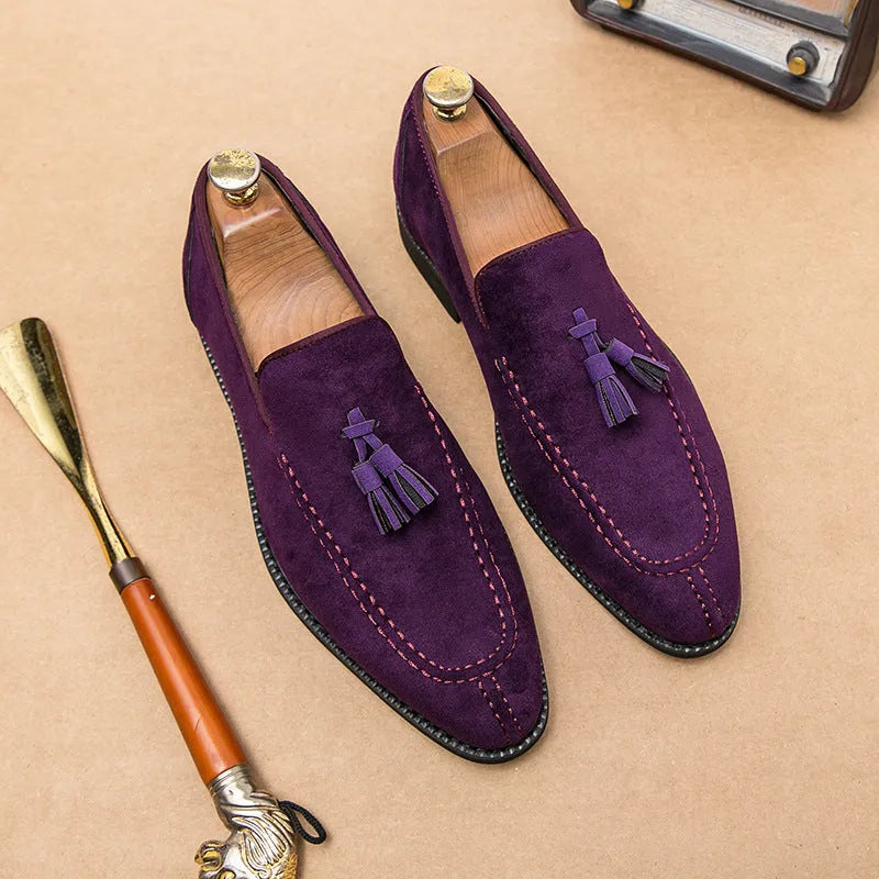 Men's suede matte leather shoes in purple or blue, flat heel, low tube, sizes 38-48, artificial PU upper, plastic sole.