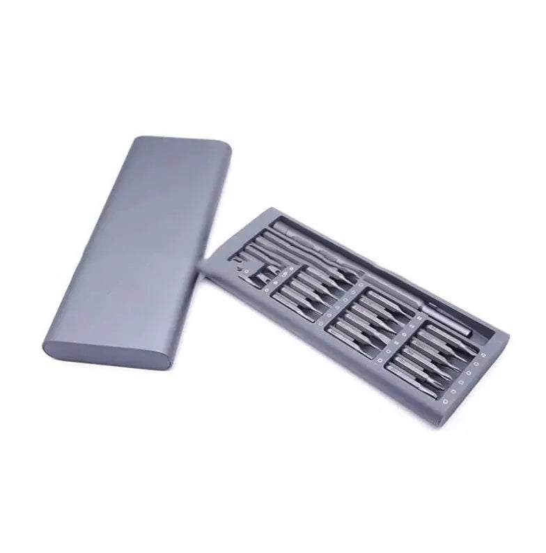 24 in 1 grey aluminium alloy screwdriver set with S2 steel bits on a workbench