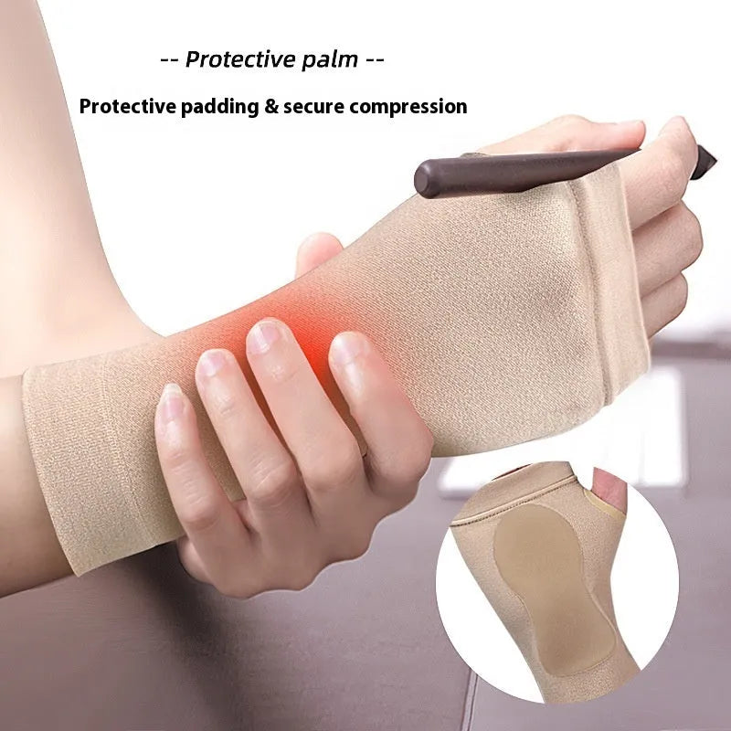 Soft wear-resistant sports wristband in skin colour for left hand, placed on a fitness mat