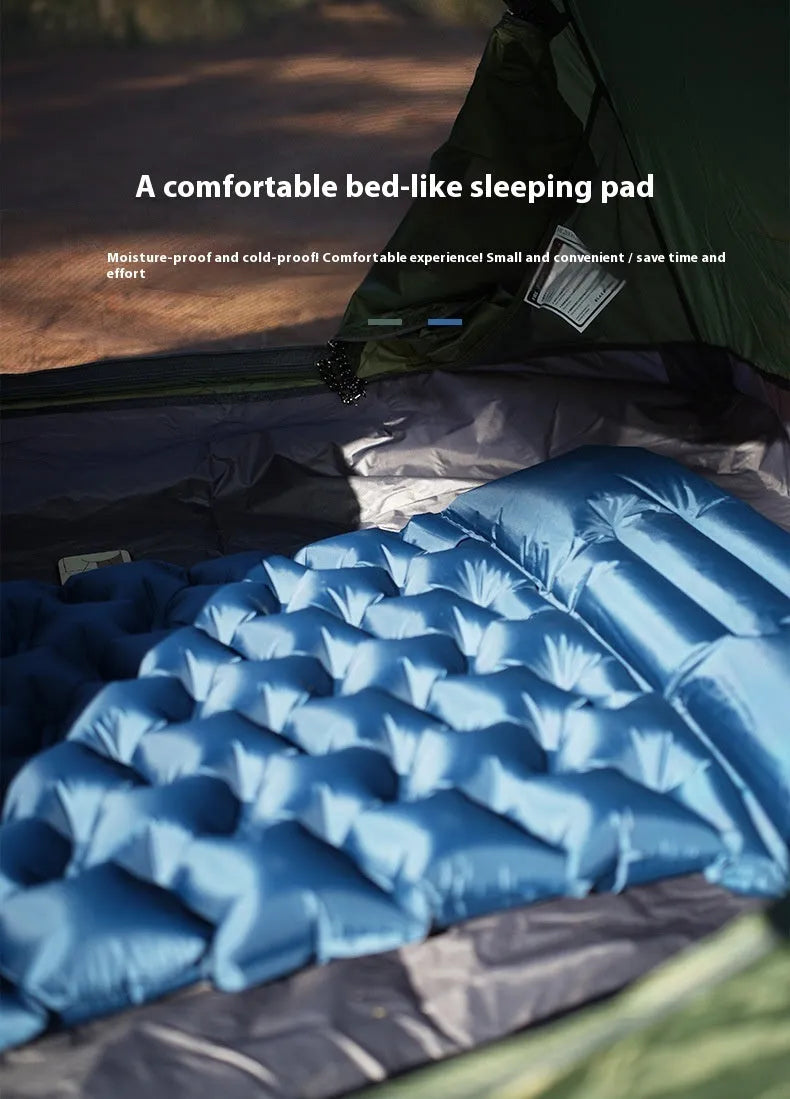 Honeycomb pattern inflatable camping mattress in blue or green colour options