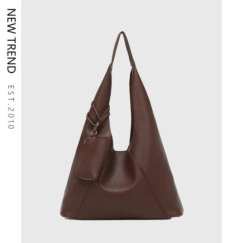 Large capacity PU tote bucket bag in brown, vertical square shape 34x10x43cm, with contrast stitching and sandwich pocket
