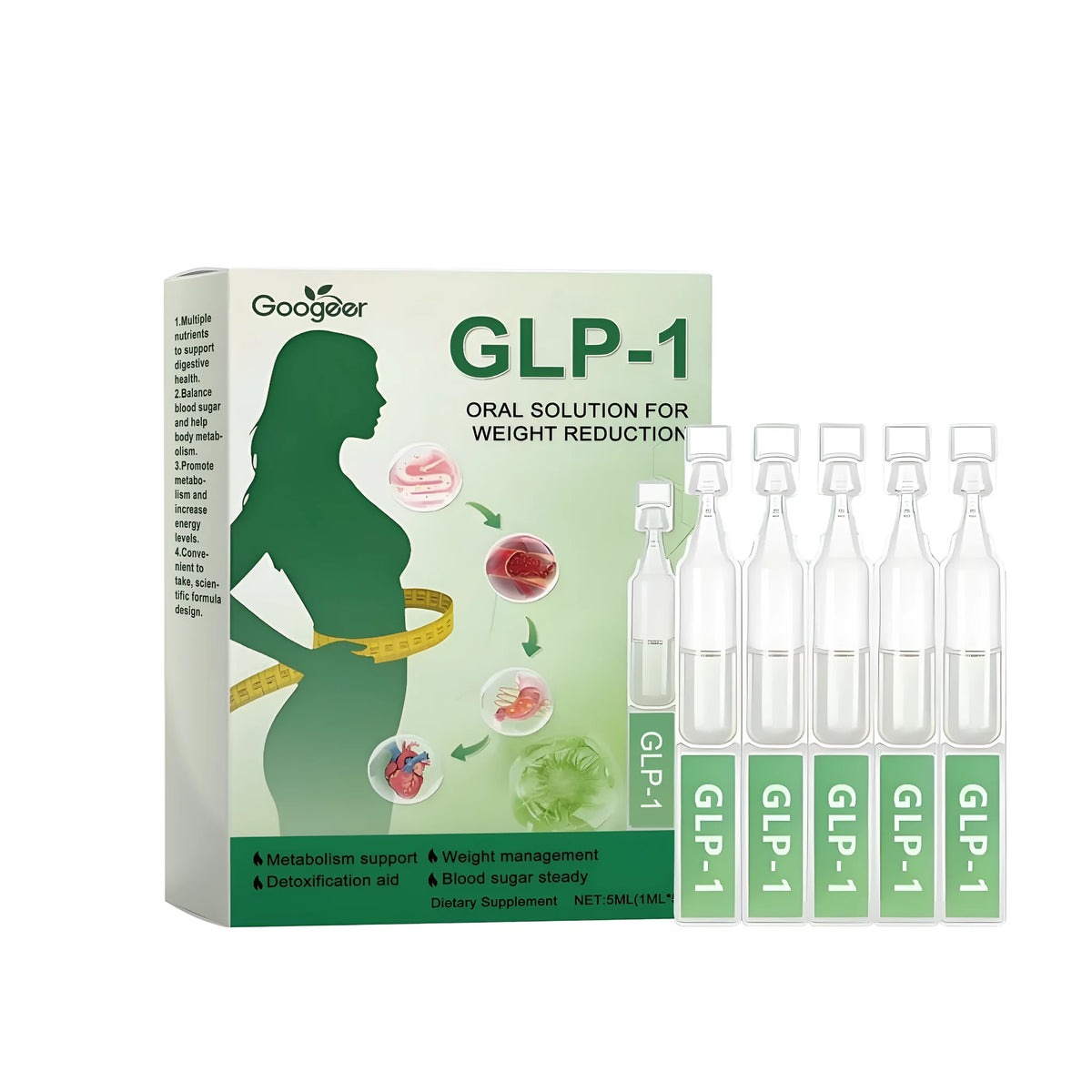 Slimming and shaping drops pack with five 1ml drops containing green tea extract, moringa seed and turmeric