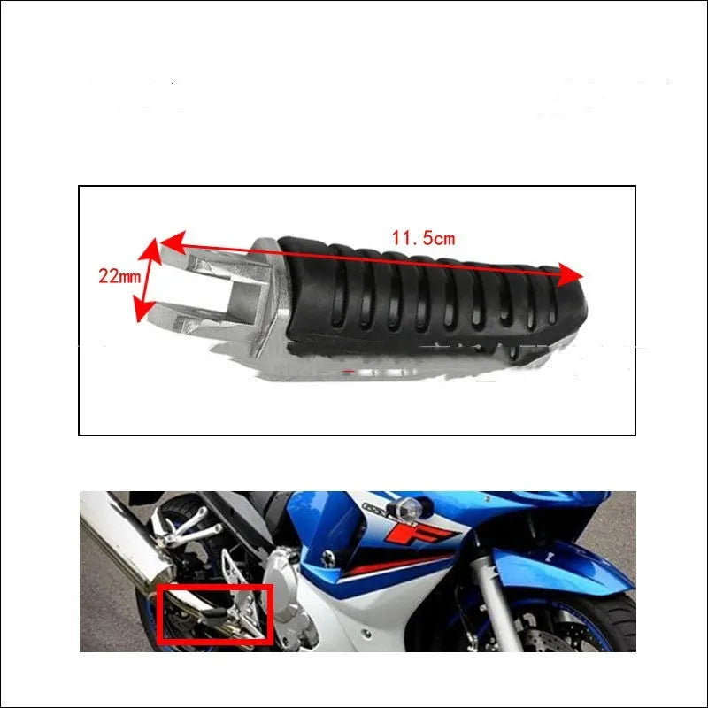 Black aluminium alloy motorcycle footpeg set for Suzuki GSX and V-Strom models.