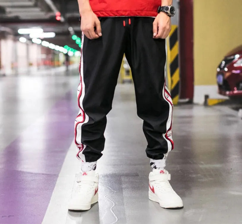 Cotton harem jogger with belt, stripe pattern, black blue nine length pants for men