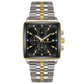 Men's rectangular dial quartz watch with luminous hands and stainless steel strap in gold-black colour combination