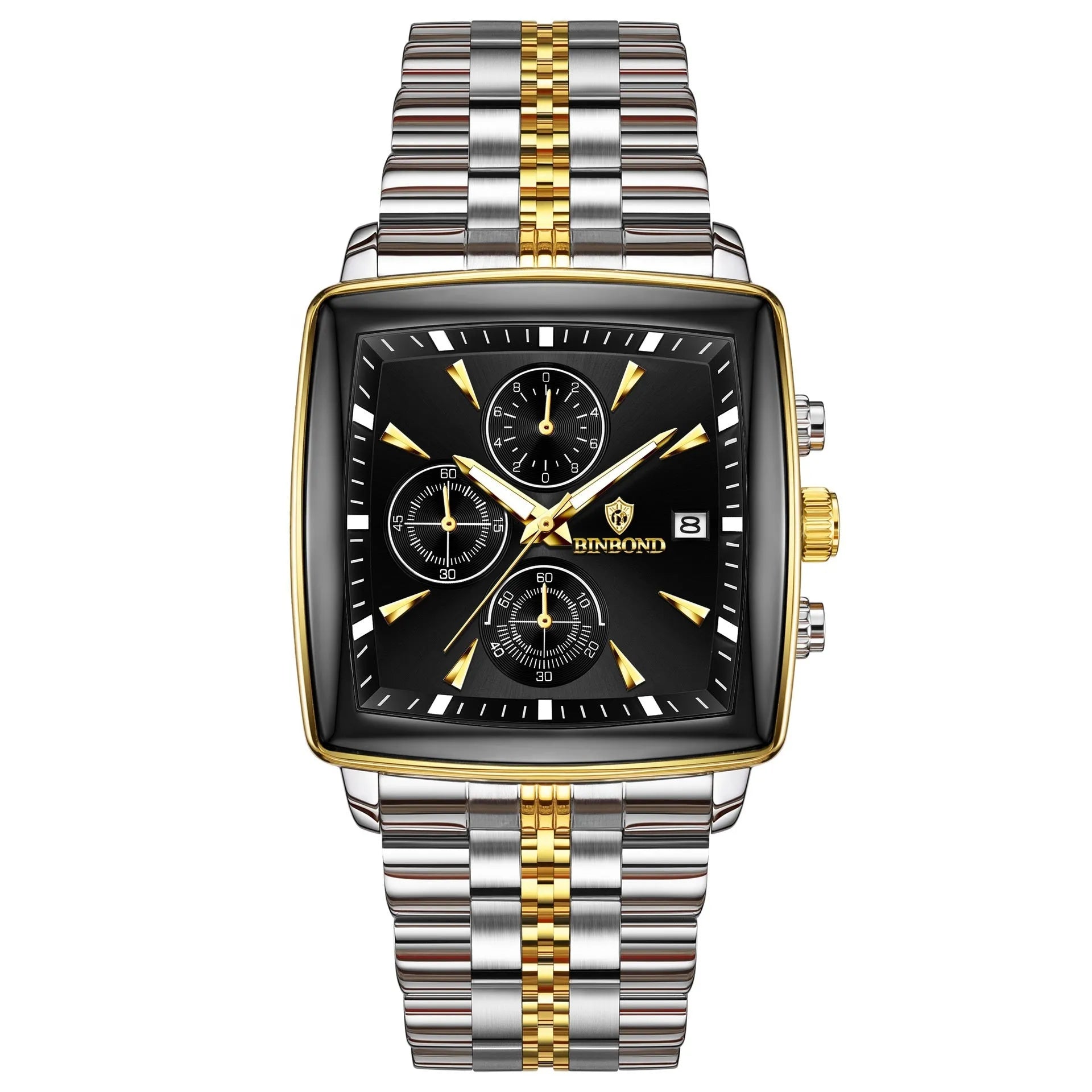 Men's rectangular dial quartz watch with luminous hands and stainless steel strap in gold-black colour combination