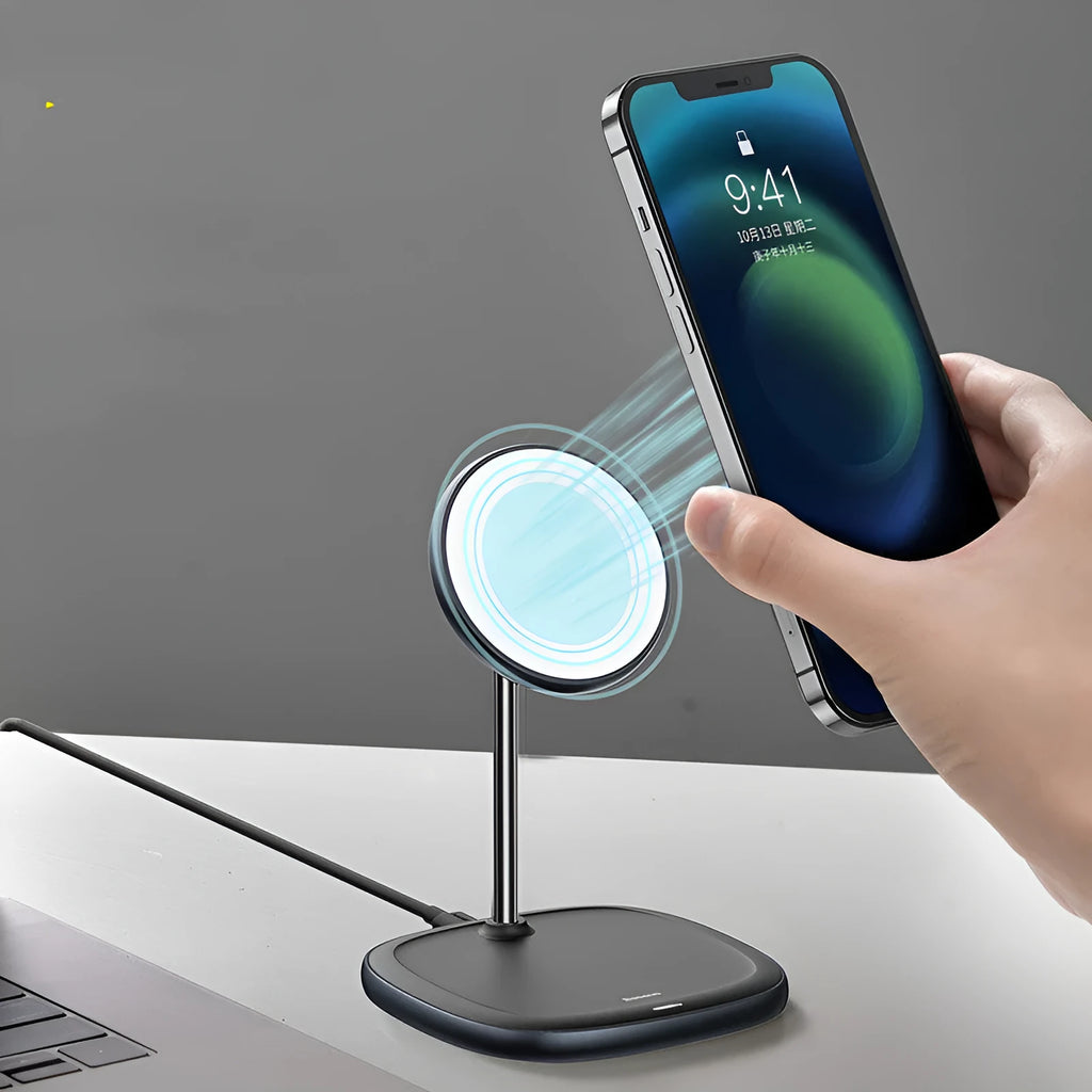 Black magnetic wireless charging stand for Apple iPhone 12 series on desktop