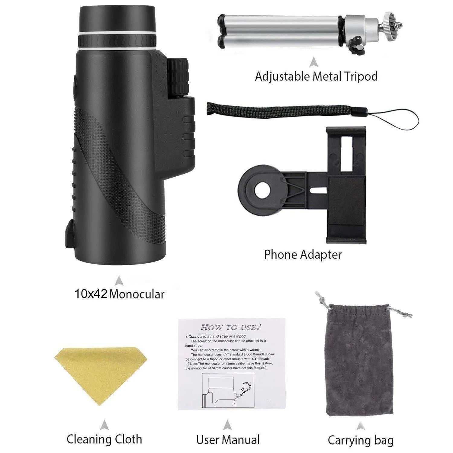 Black 40x60 HD monocular telescope with a 60mm objective lens, shown as a compact handheld device for outdoor viewing.