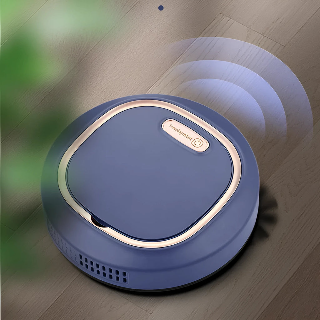 Fashion automatic intelligent sweeping robot in black with mopping function and mechanical collision bumpers on hard floor