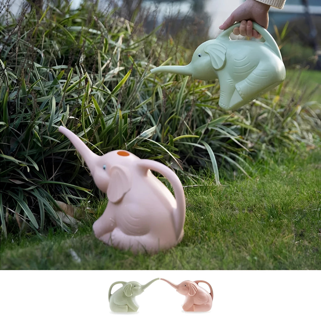 Pink children's watering can shaped like a sitting elephant with a long nozzle and bottle-shaped handle.