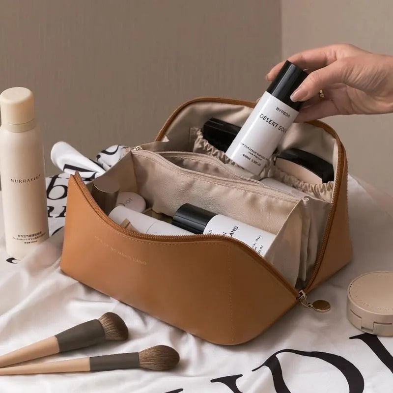 Large Capacity Travel Makeup Storage Bag PU Leather 23.5x10.5x11cm Solid Colour Urban Simplicity Daily Use White Pink Light Brown Black Organiser Case