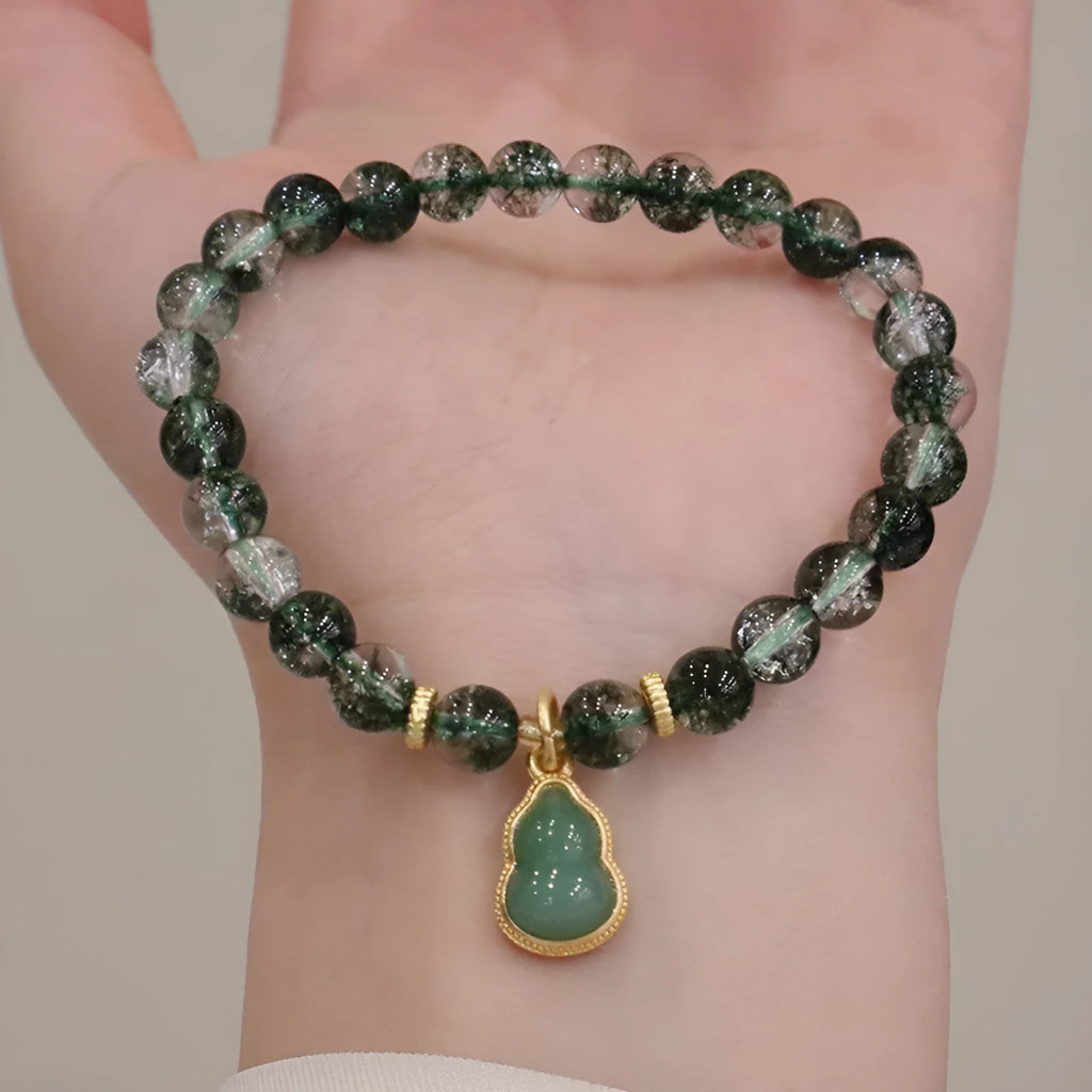 Natural green phantom quartz women's bracelet with heart shape design and pearl accents