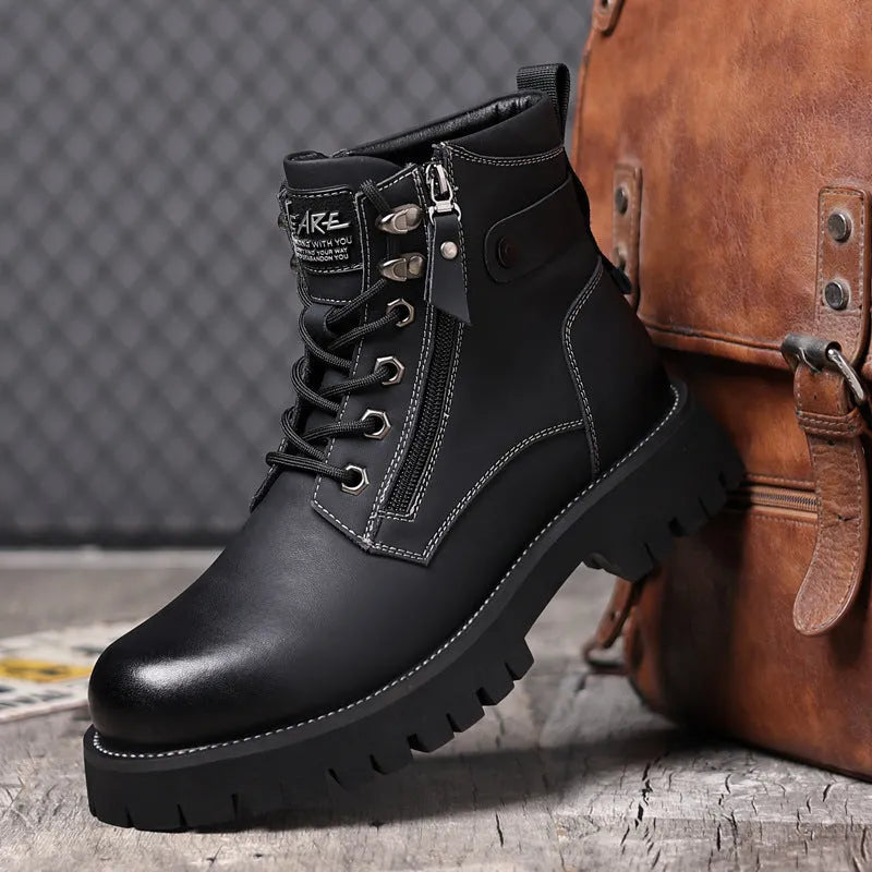 Men's brown leather high-top boots with side zipper and round toe design