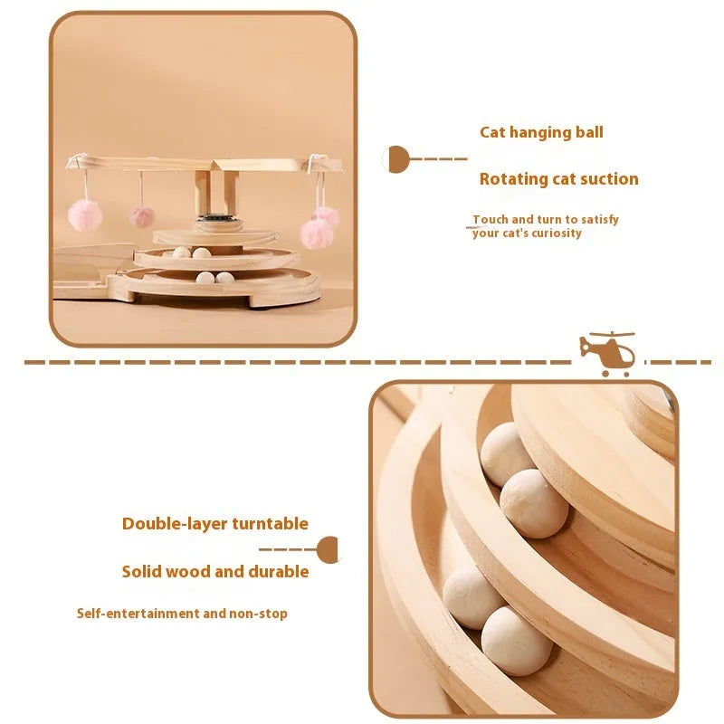 Solid wood cat scratch board toy with turntable and teasing ball in choice of themed designs