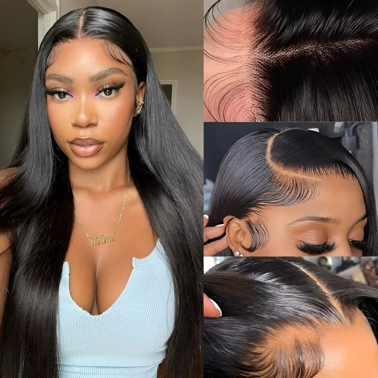 Black straight 13x6 lace front human hair wig showing natural hairline and length options