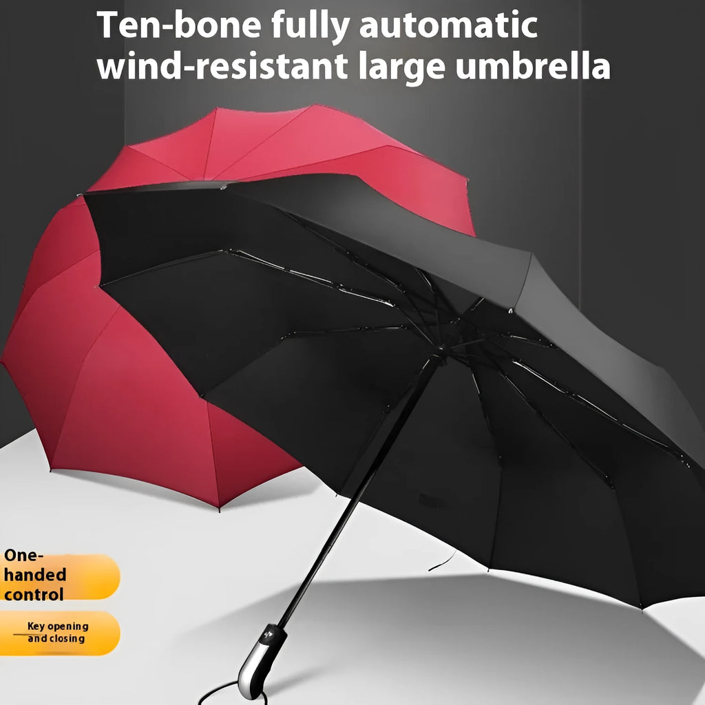 Black triple folding automatic umbrella with a palace-style shape and rubber handle.