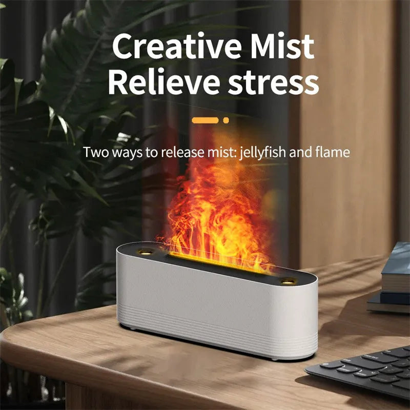 Black ultrasonic aromatherapy diffuser with LED flame lights emitting cool mist vapour