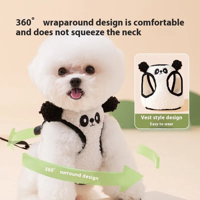 Animal-shaped lambswool dog lead and chest back set with hand-holding rope in pink or white panda and bear designs