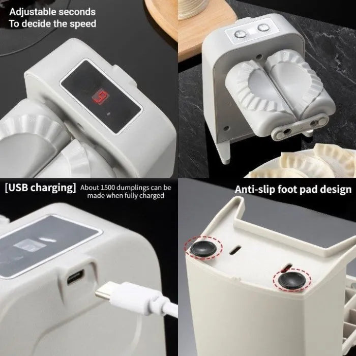 White electric automatic dumpling maker machine with USB charging cable and accessories