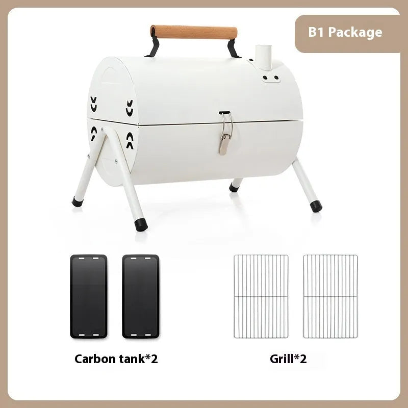 White round chimney oven style portable folding grill for frying and baking outdoors.