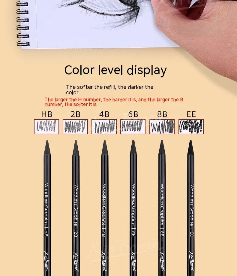 Set of six wood-free graphite sketching pencils in grades HB, 2B, 4B, 6B, 8B, and EE.