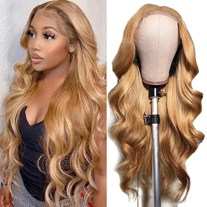 Light brown long curly synthetic wig with big waves and side bangs displayed on a stand.