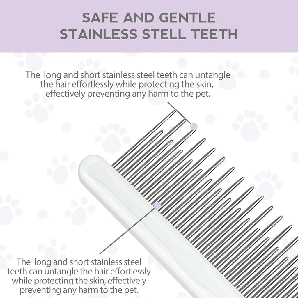 Purple pet detangling comb with stainless steel teeth on a wooden table.