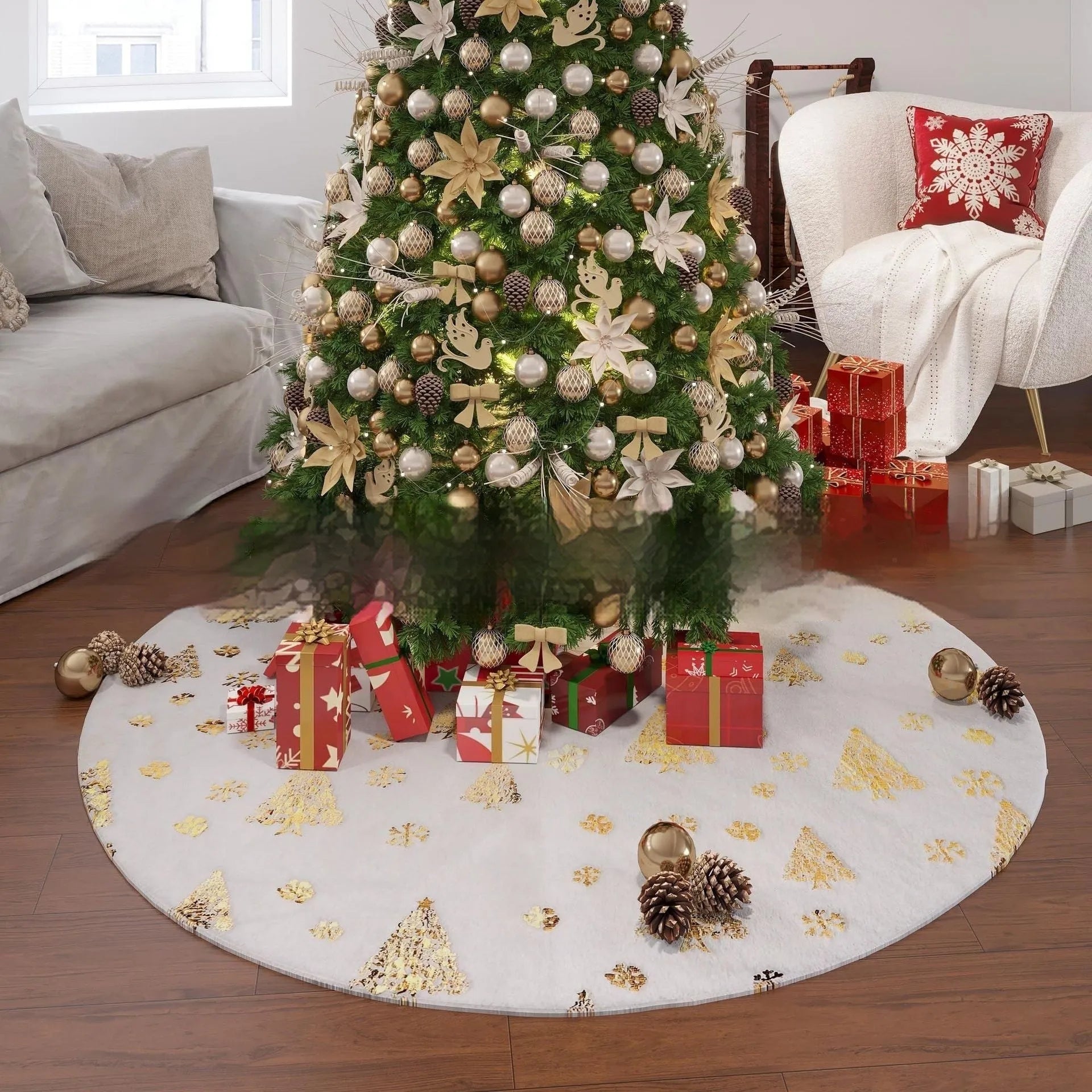 Gilding snowflake Christmas tree plush floor mat in festive red and white design.