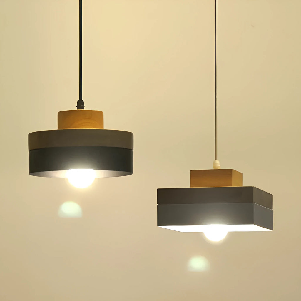 Wooden fish line chandelier with adjustable drop and matte black or white round or square finish.