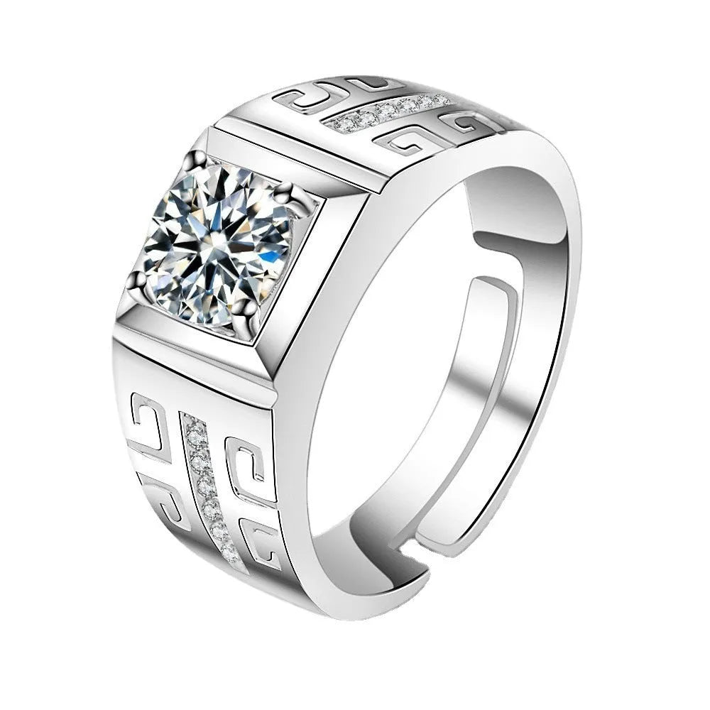 Men's large square diamond-inspired ring with an adjustable band in a gold metal finish