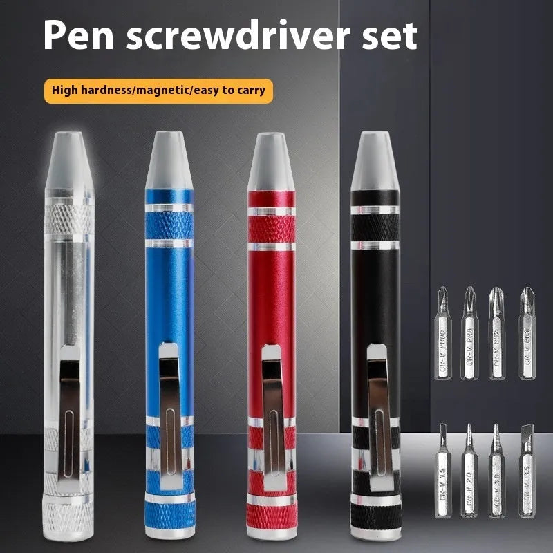 8 in 1 pen screwdriver set with aluminium alloy handle and multiple coloured bits