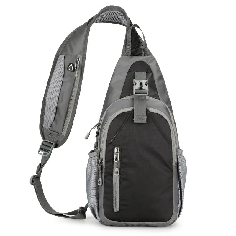Unisex nylon crossbody chest bag in army green colour, shown worn casually.