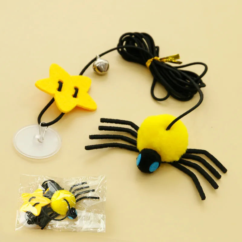 Hanging door cat toy with elastic rope and feather stick in red or yellow colour options