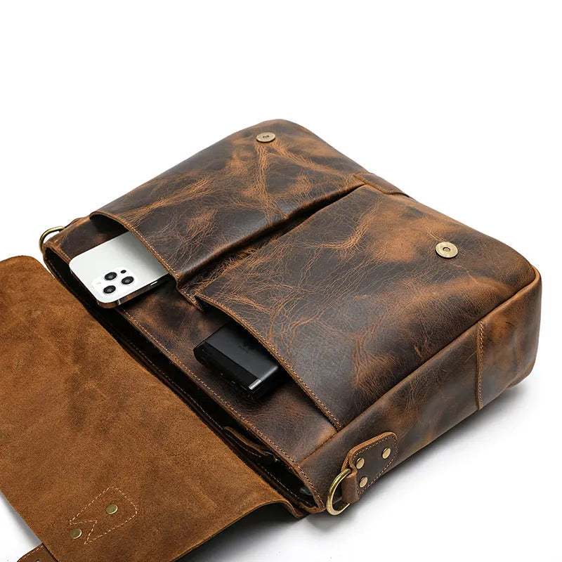 Leather mens briefcase satchel, 15 inch horizontal square bag, first-layer cowhide, reddish brown and light brown