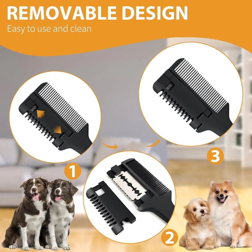 Razor comb for dogs and cats showing comb teeth and integrated trimming blade with packet of replacement blades.