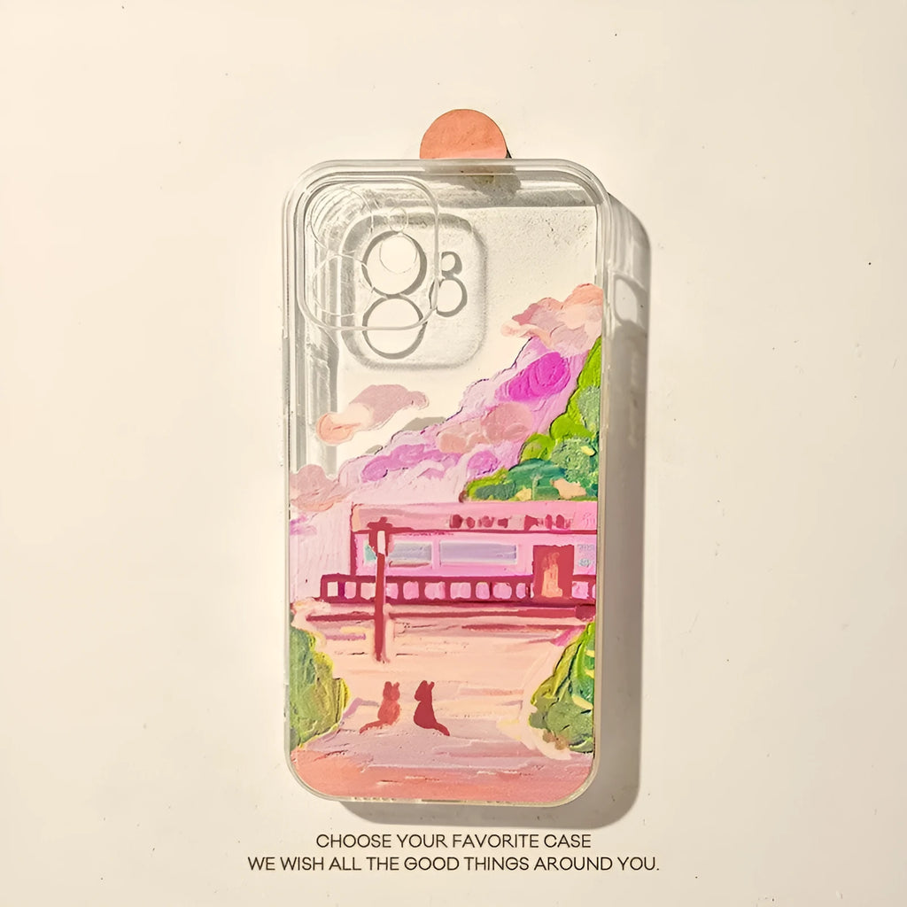 Soft silicone iPhone case with colourful two-cat cartoon design on the back.