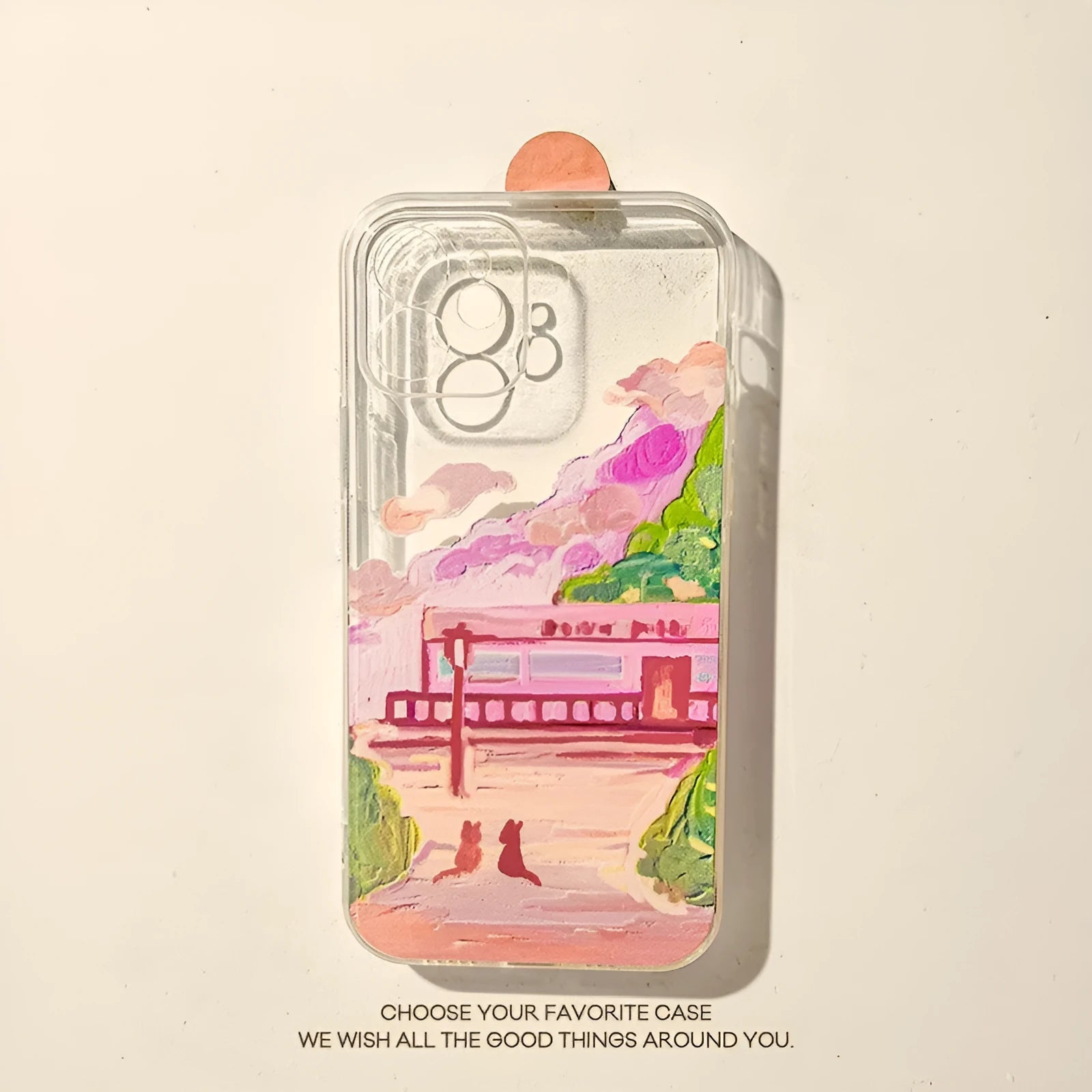 Soft silicone iPhone case with colourful two-cat cartoon design on the back.