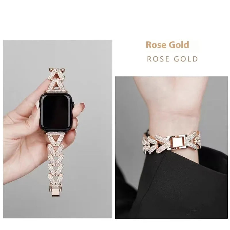 V-shaped metal diamond-embedded strap for Apple Watch in Silver, Starlight, Rose Gold, Gold