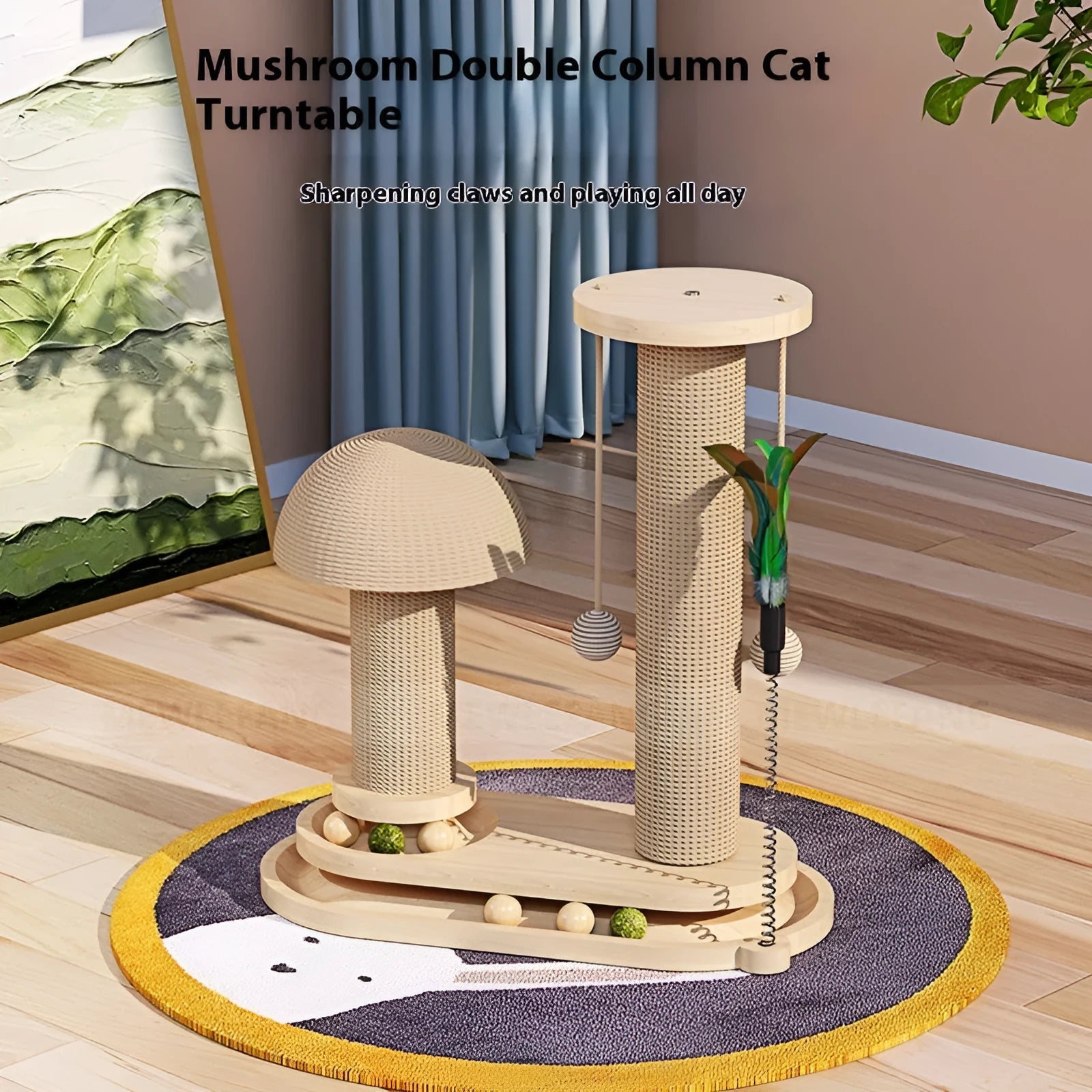 Solid wood cat scratching post with turntable climbing platform in various style configurations