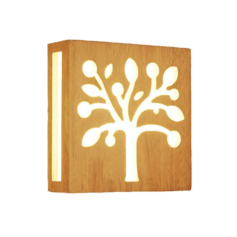 Solid wood wall lamp with Happiness Tree pattern, Japanese modern style, 220V LED, three colours