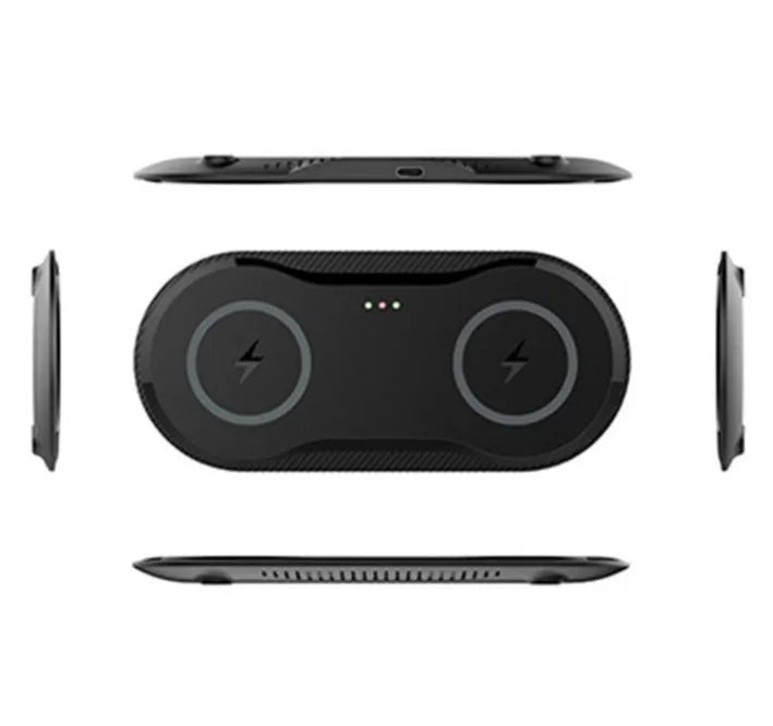 Black and white dual wireless charging pad with two phones charging simultaneously