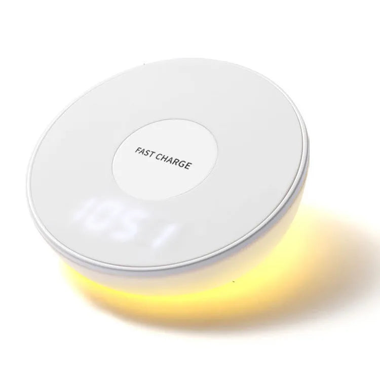 White wireless phone charger with digital clock display and control buttons