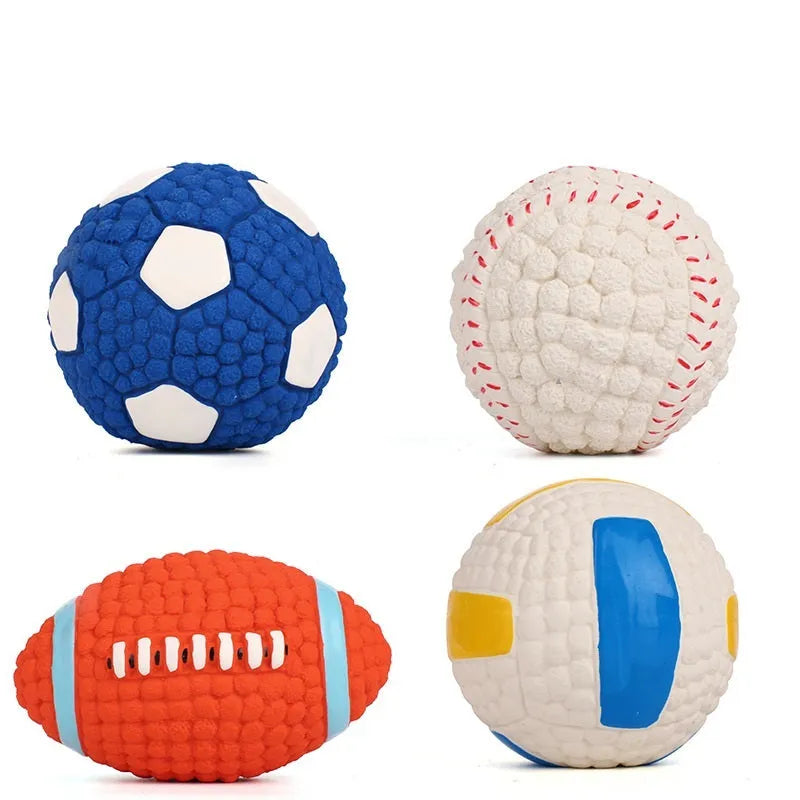 Latex dog toy ball in football shape with sound feature for interactive play, 9.5cm size
