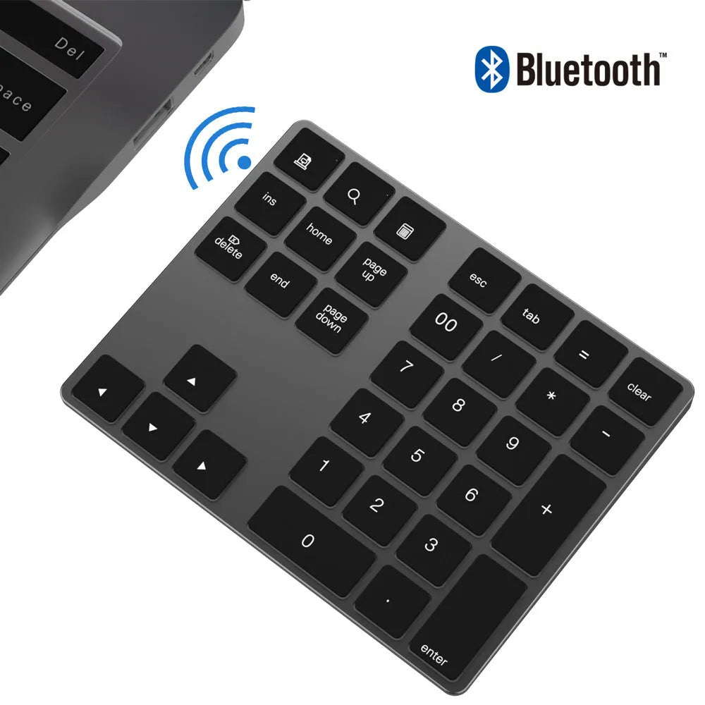 Wireless aluminium alloy Bluetooth numeric keypad with 34 keys in silver finish