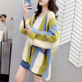 Women's loose fit striped colour stitching knitted cardigan sweater coat in green pink