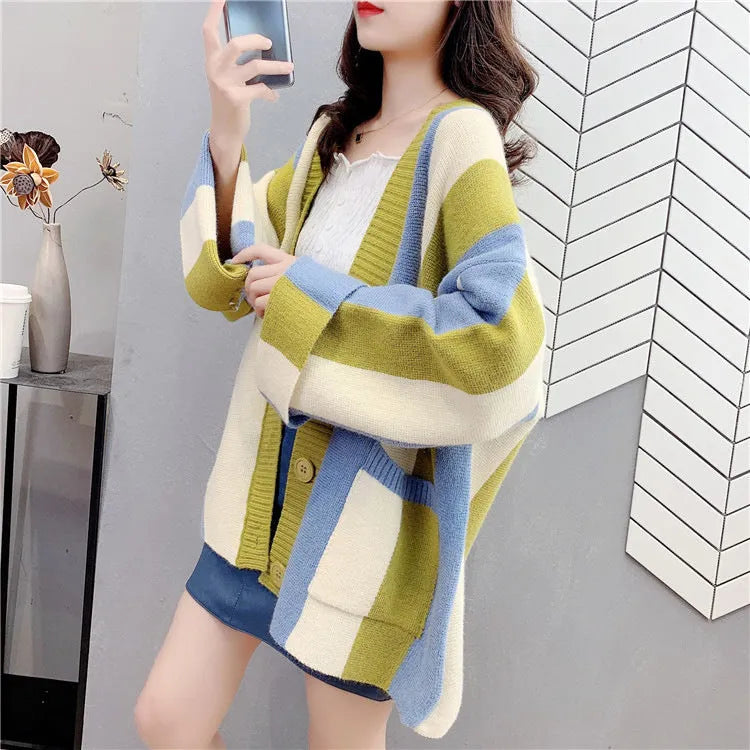 Women's loose fit striped colour stitching knitted cardigan sweater coat in green pink
