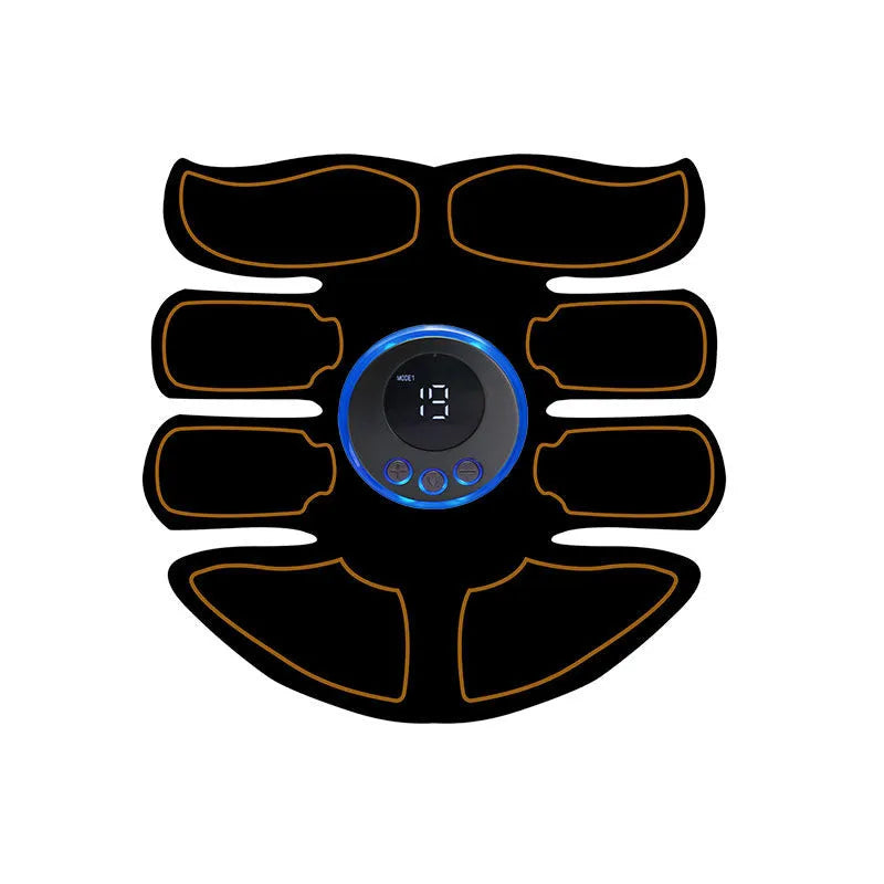 Abdominal muscle electrotherapy patch device with digital display, showing red, blue, and yellow edge colour options.
