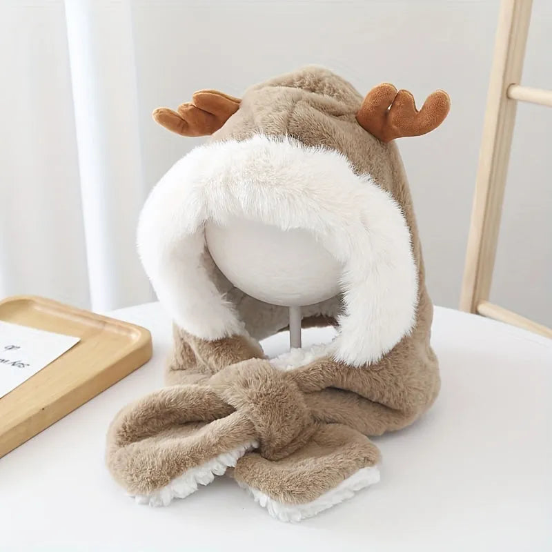 Cute deer plush winter hat with scarf for girls, 44-54cm, in blue, khaki, pink, or white.
